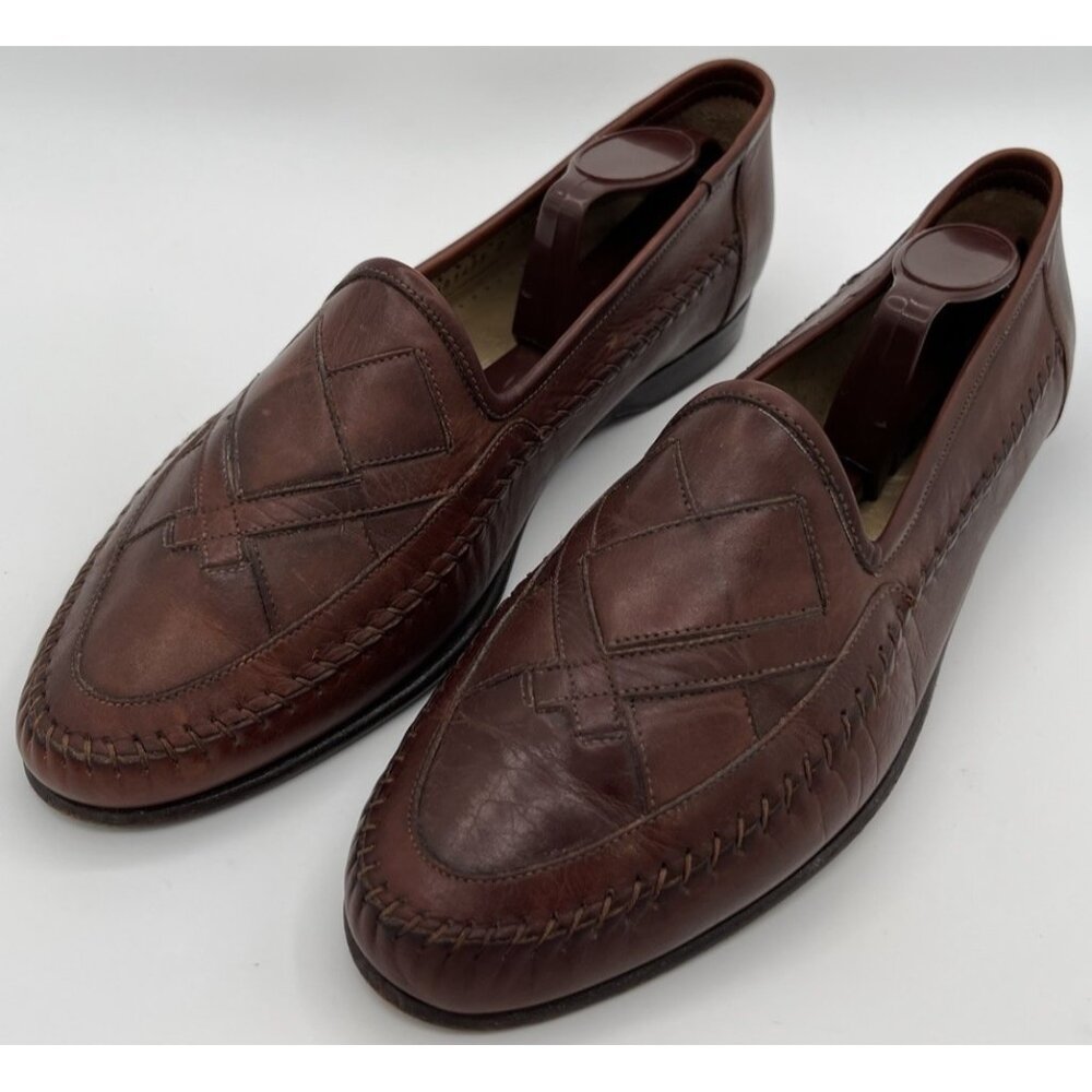 Santoni Italy Handwoven Stitched Brown Leather Penny Loafers Men Size 9D